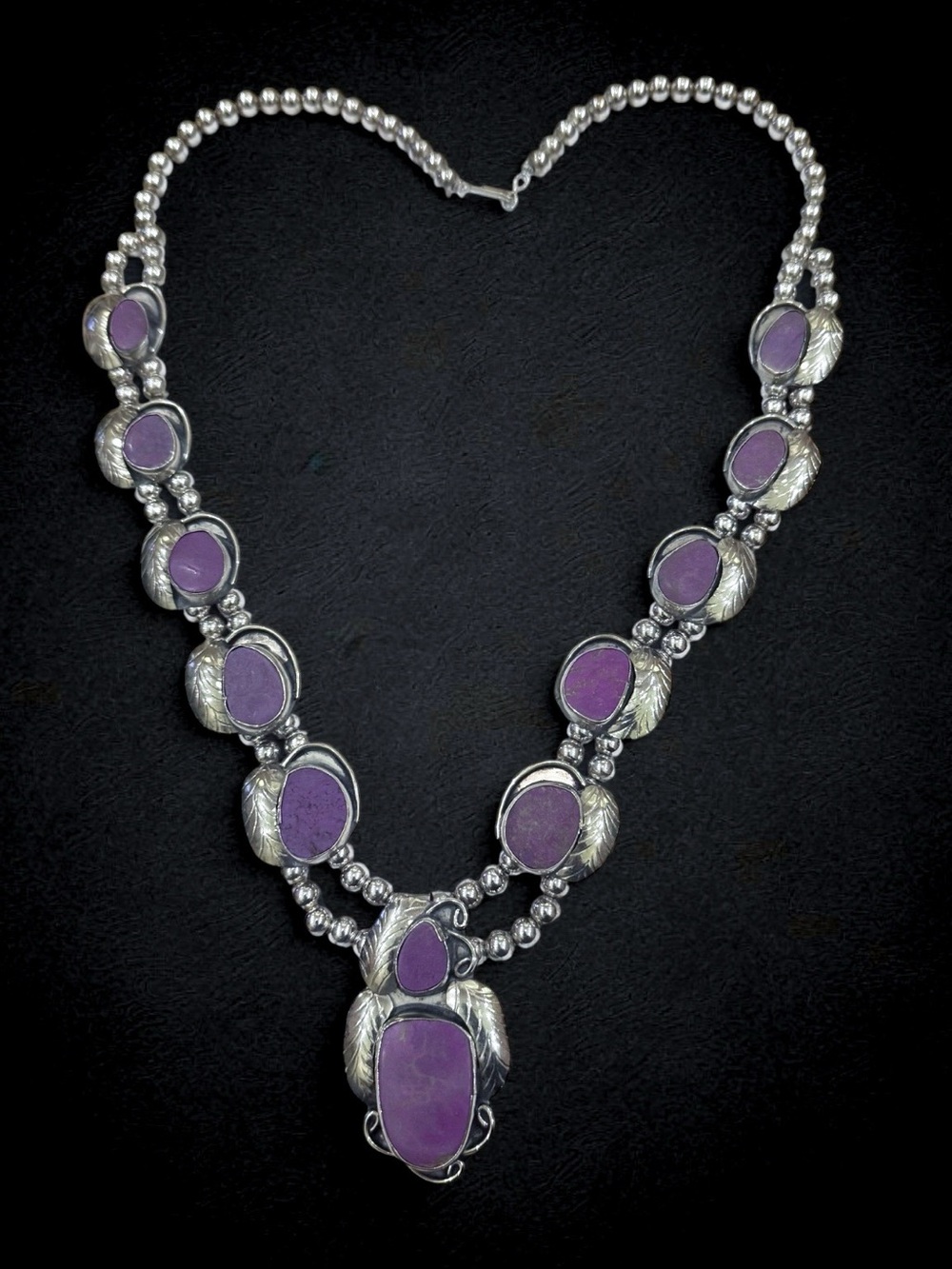 Squash Blossom Necklace with Purple Stones, Native Jewelry Marked “NAVAJO”